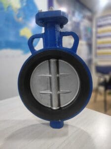 Front view of a blue wafer-type butterfly valve with a stainless steel disc and resilient rubber seat, designed for reliable flow control in water treatment, HVAC, chemical, and industrial piping applications.