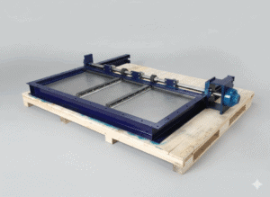 Industrial Rack and Pinion Slide Gate Valve with manual gearbox actuator, engineered for accurate shut-off and controlled discharge of bulk materials in hoppers, silos, and conveying systems.